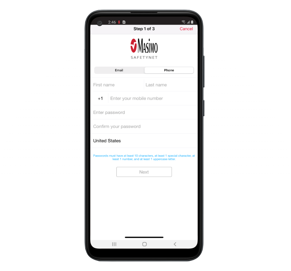 Smartphone showing Masimo SafetyNet patient sign-up screen. 